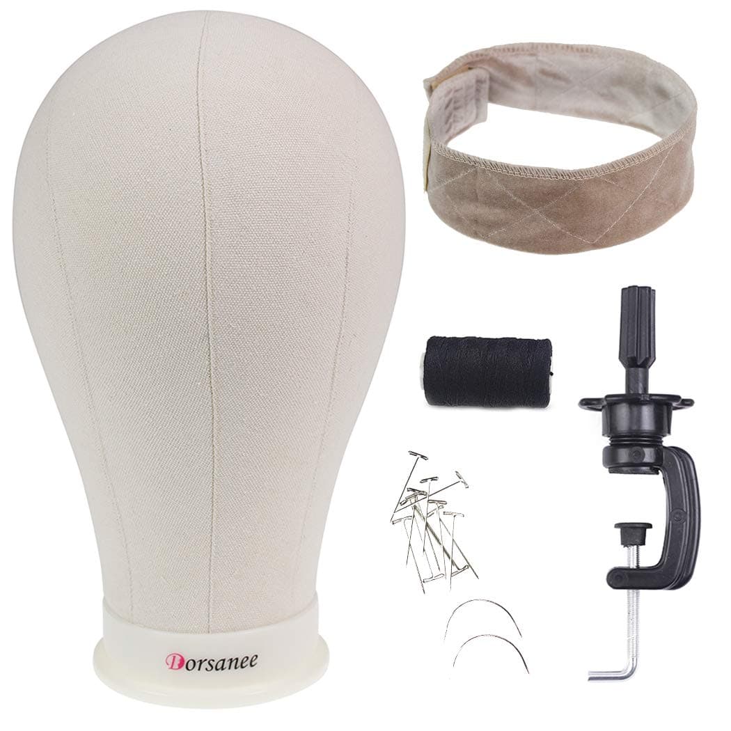 Canvas Block Head Wig Head Set Poly Manikin Mannequin Head with Clamp Display Styling Wig Making Head with Mount Hole (Canvas Head+Head Stand+Wig Grip+T Pins+C Needle+Thread), 23 Inch