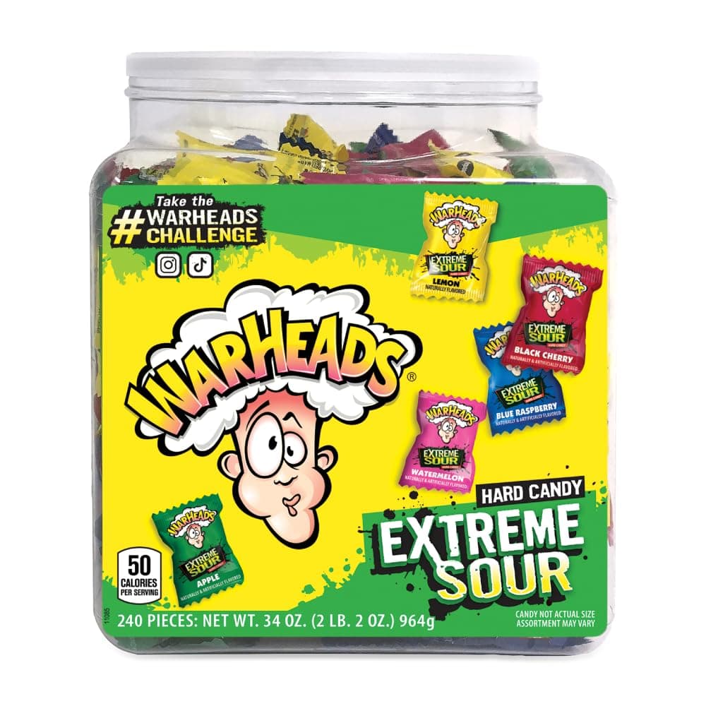 WARHEADS - Extreme Sour Hard Candy - Sour Apple, Black Cherry, Blue Raspberry, Lemon & Watermelon Flavors, Great For Parades - 34 oz. Tub