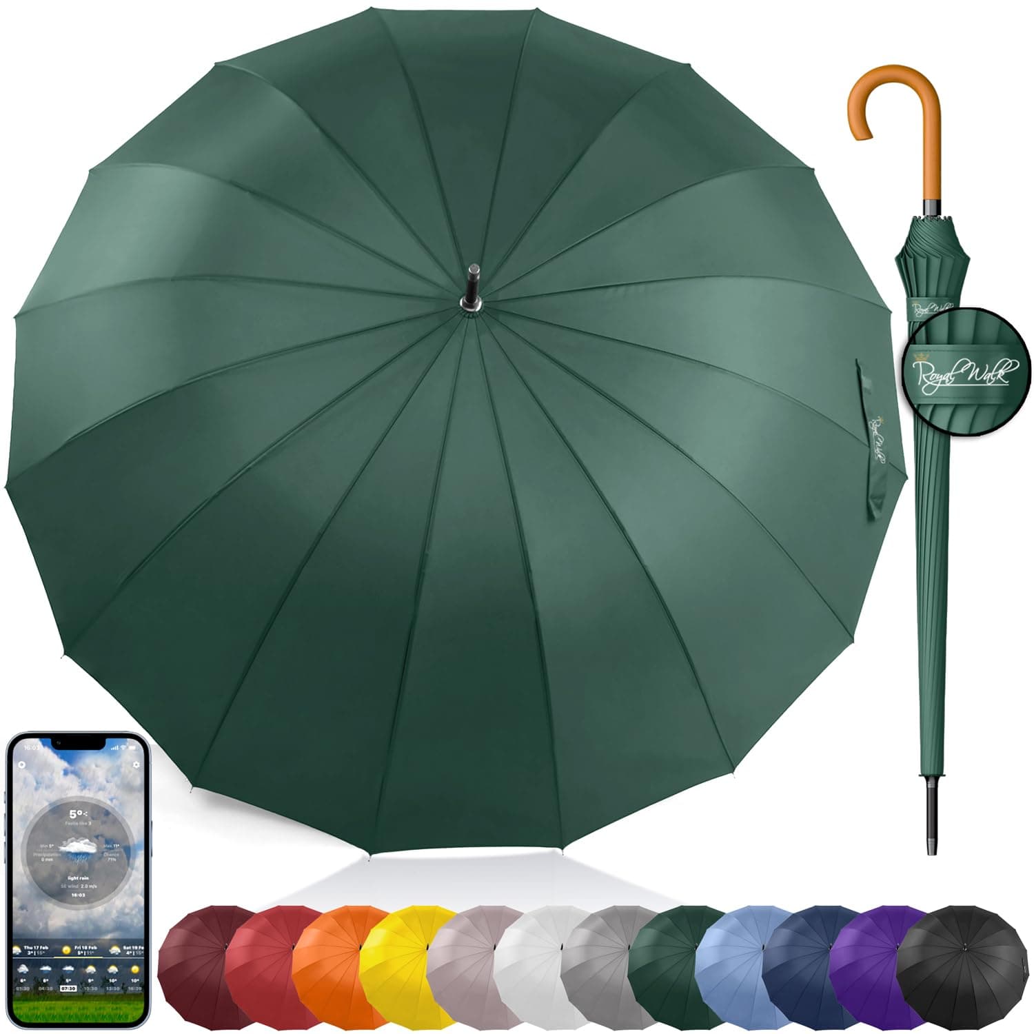 Large Windproof Umbrella for 2 People, 54 Inch, Dark Green, Auto Open, Wooden Handle, 16 Ribs, Travel Size