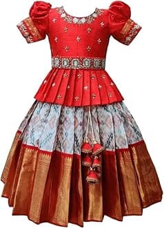 White Button Girls Polyester Blend New South Indian Traditional Pattu Pavadai Jecquard Readymade Lehenga Choli Dress