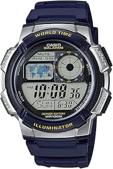 Casio AE1000W Series | Men’s Digital Watch | 100M WR | Multi Alarms | 100 SEC Stopwatch | Countdown Timer | World Map for World Time | LED Light | LC Analog Display | 10 Year Battery