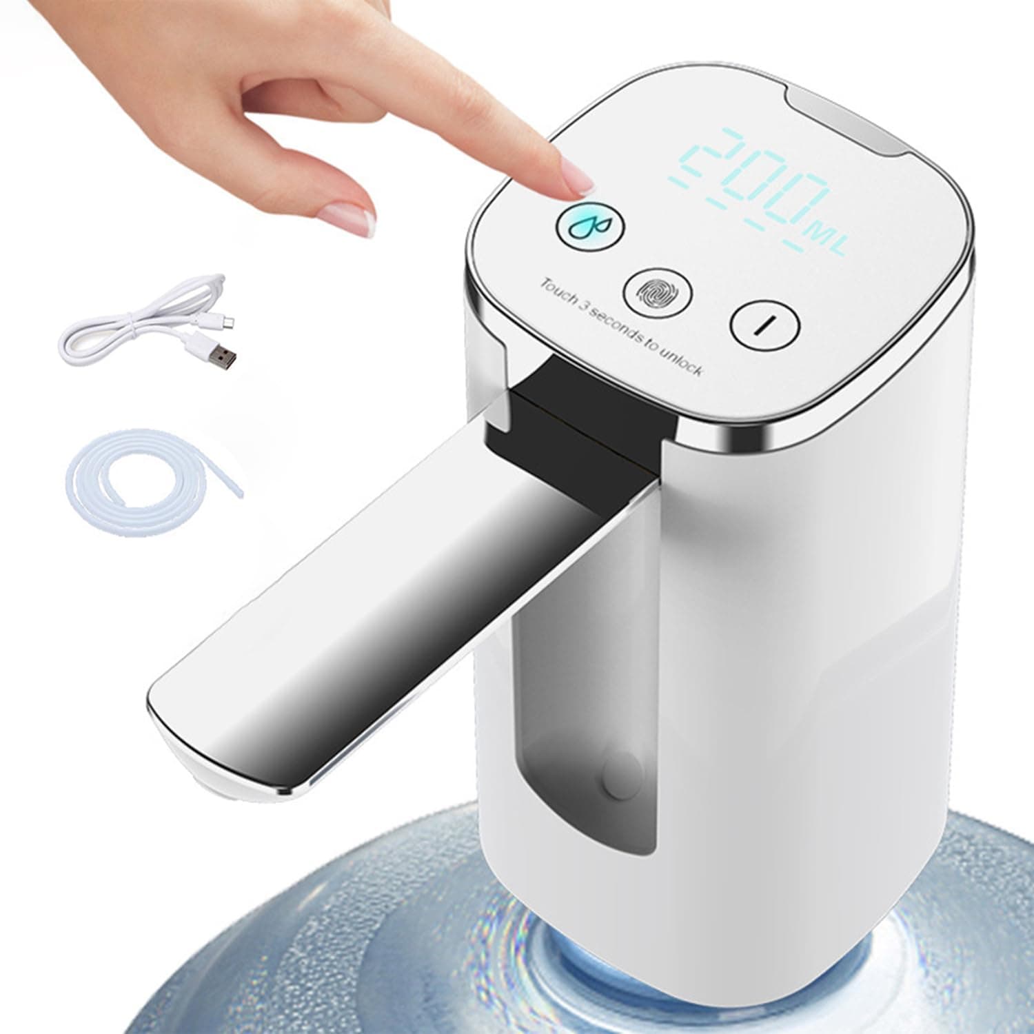 Automatic Water Dispenser Pump - USB Charging Electric With LED Display, 3 Quantitative Settings, Portable for Office, Home, Camping, Kitchen (White)