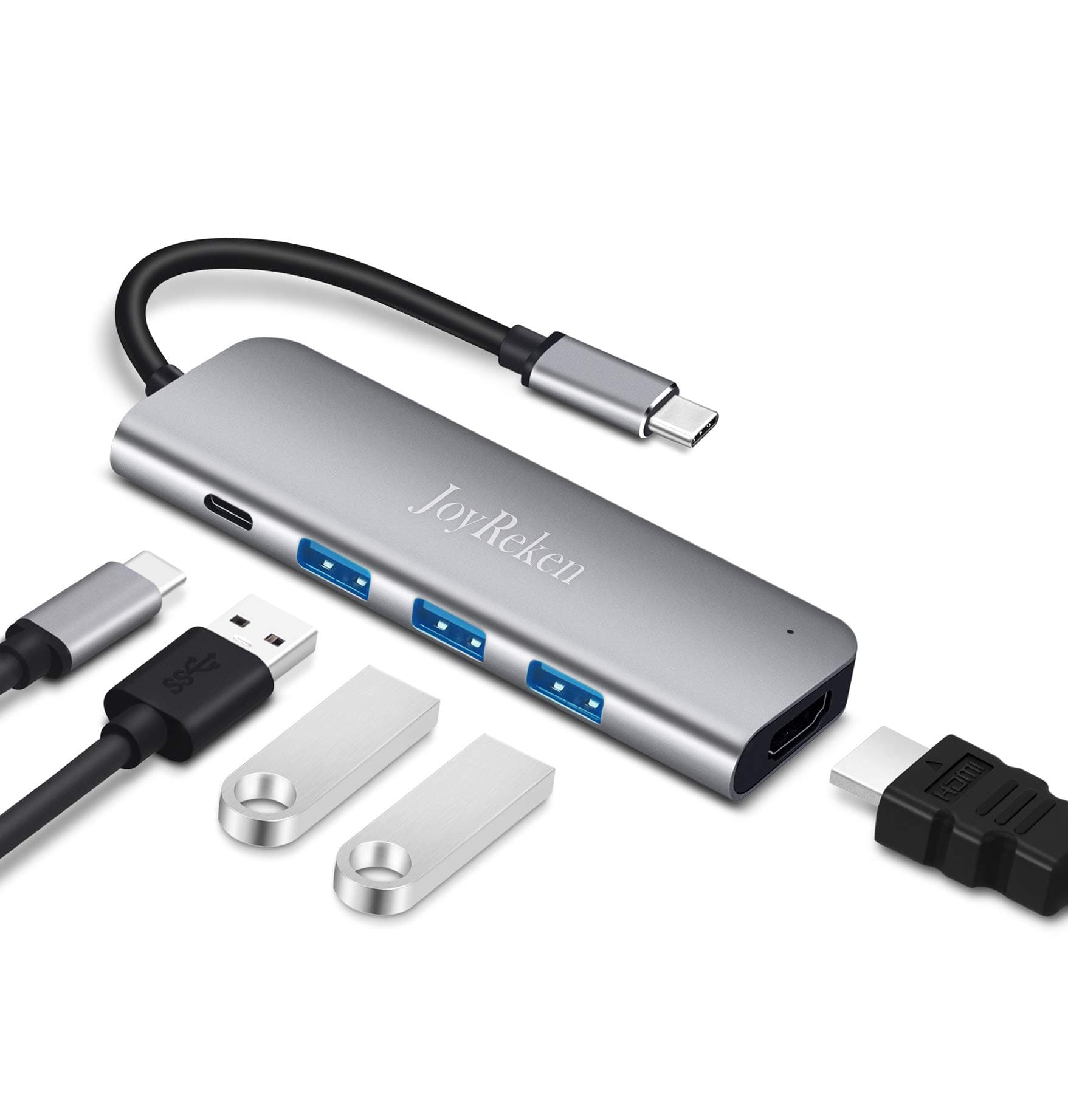 JoyReken USB C Hub HDMI, 5-in-1 Type C Hub with 4K USB C to HDMI, 3 USB 3.0 Ports and 60W Power Delivery, for MacBook Pro 2016/2017/2018, iPad Pro 2018, ChromeBook, XPS, and More