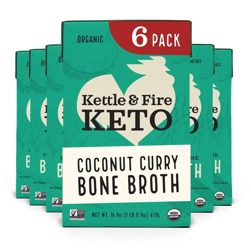 Kettle and Fire Coconut Curry & Lime Chicken Bone Broth, Keto, Paleo, and Whole 30 Approved, Gluten Free, High in Protein and Collagen, 6 Pack