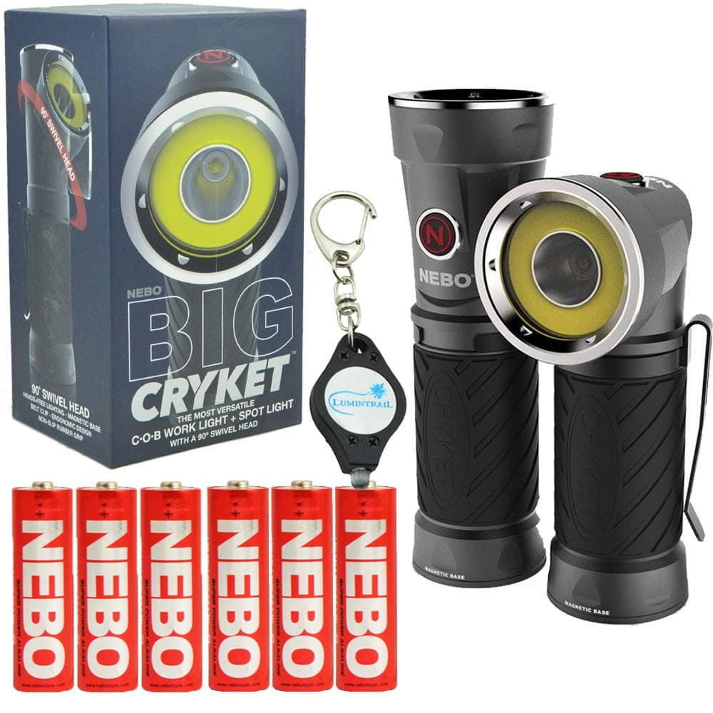 NEBO Big Cryket 300 Lumen LED Flashlight Work Light (3 AA Batteries Included) Bundle with 3 Extra Nebo AA Batteries and Lumintrail Keychain Light