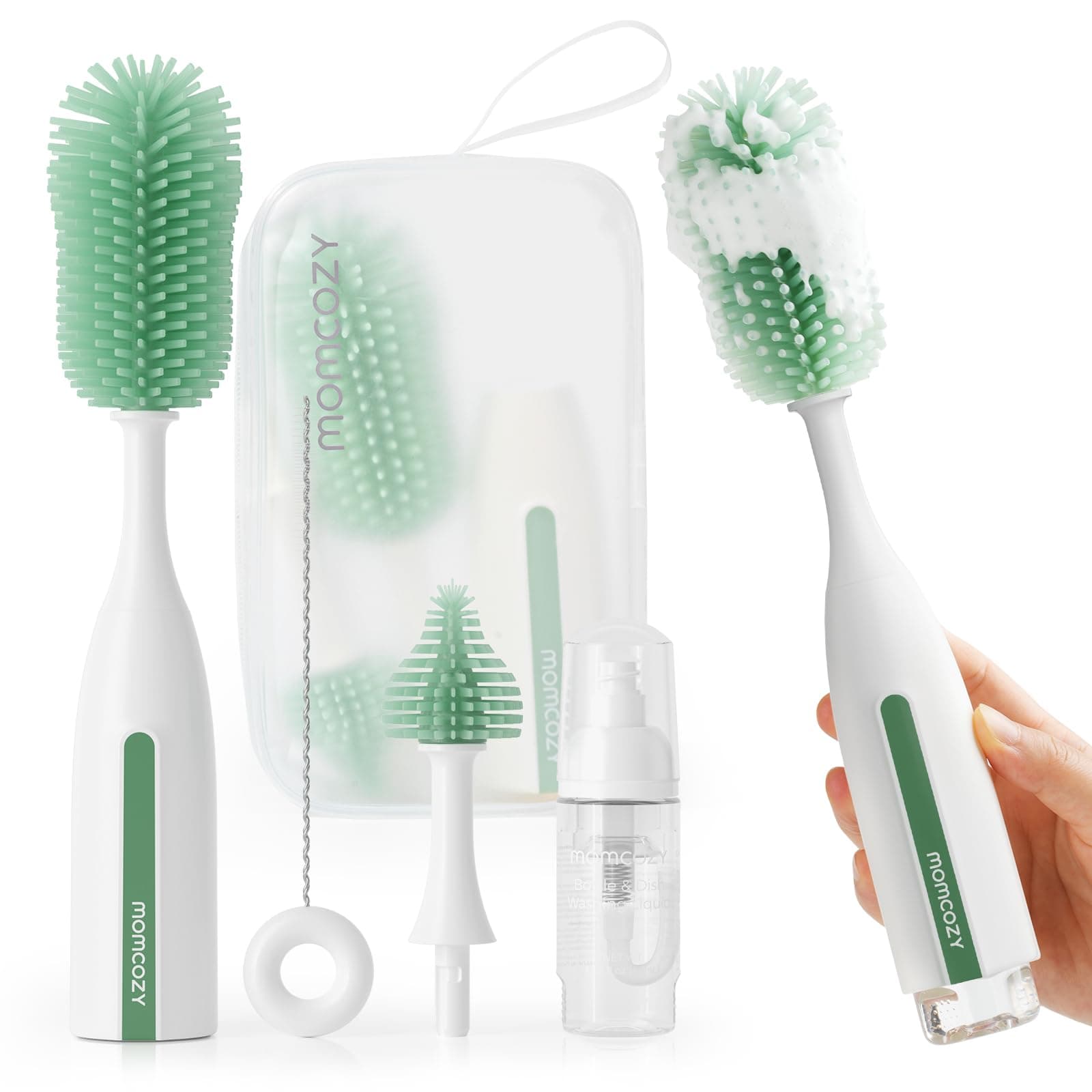 Bottle Brush Kit Pro, Innovative Push-Press Design for Deep Cleaning - Bottle Cleaner Brush for Bottle/Breast Pumps/Nipple - Clog-Free Brush & Foam-Generating Design for Better Cleaning, Green