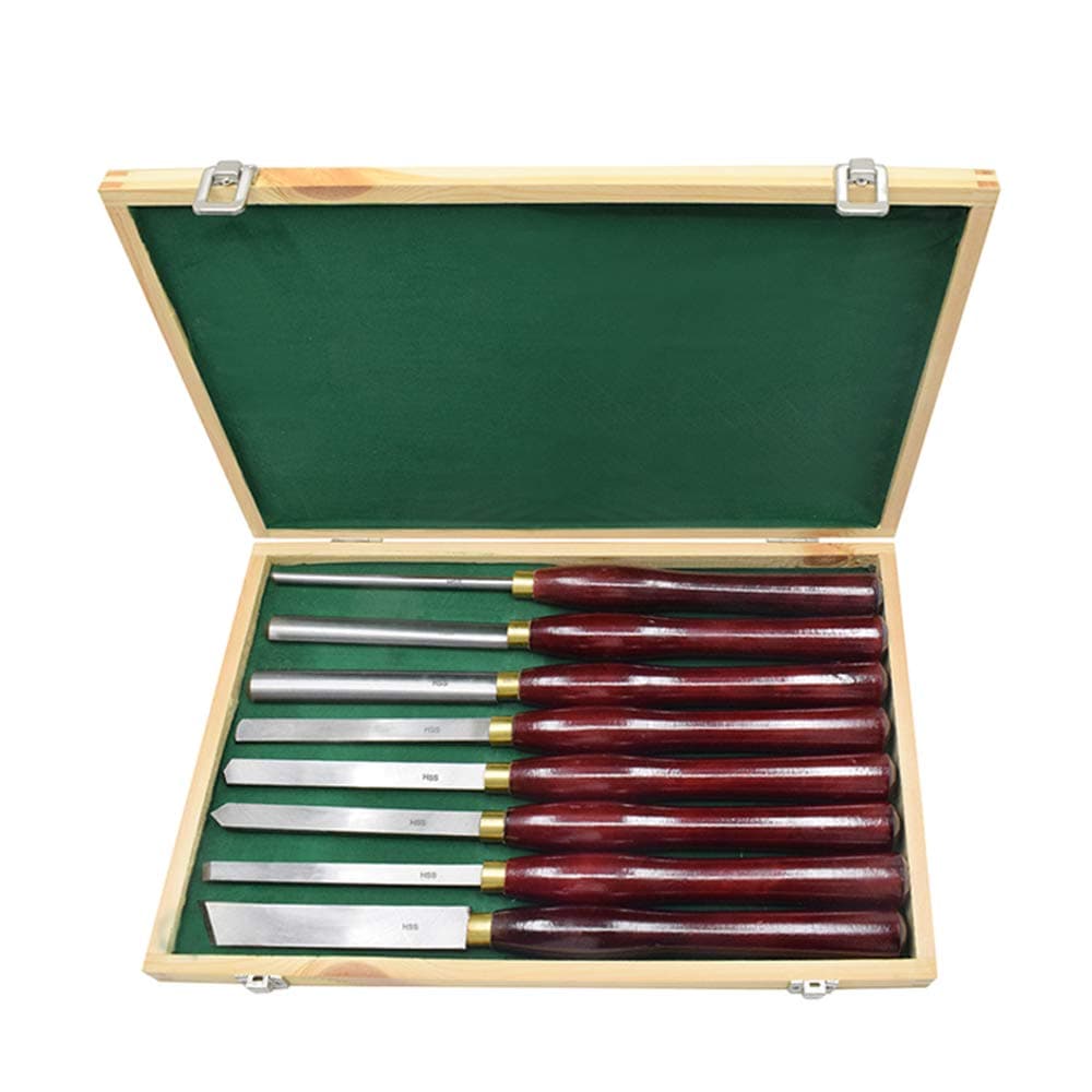 Wood Turning Tool HSS Lathe Chisel Set 8 Piece Set For Hardwood Handles High-Speed Steel Brass Ferrules and Wooden Case For Storage