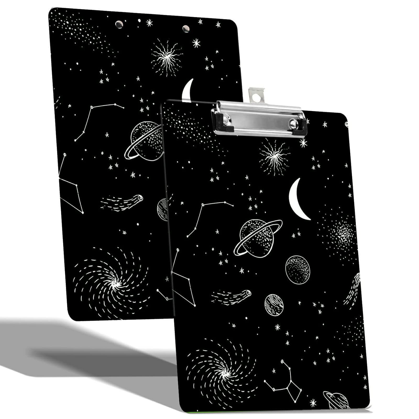 A4 Size Clipboard with Hanging Hook and Low Profile Clip, Plastic Nurse Clipboard Writing Drawing Board with Double-Sided Moon Space Print for Woman Kids Office School Use