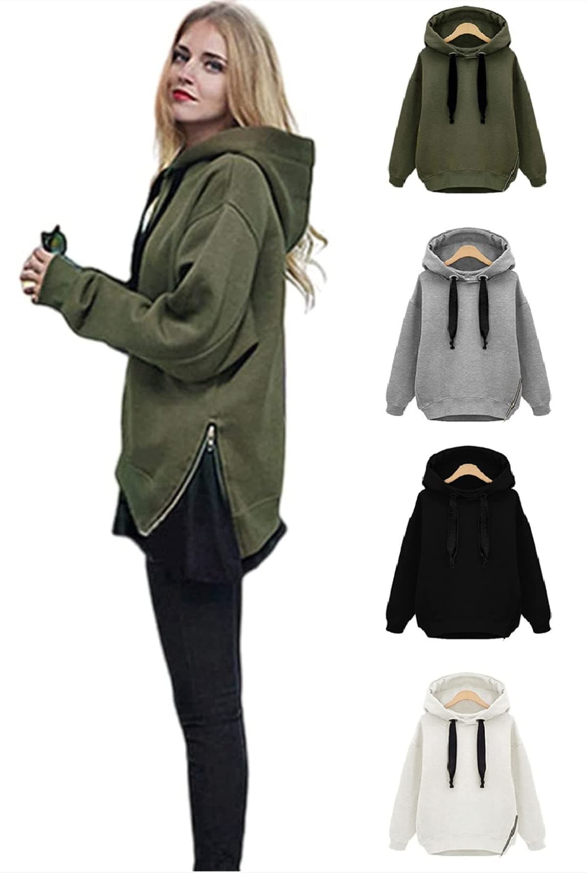 Wankang Oversized Hoodies Women Hooded Drawstring Sweatshirt Solid Casual Pullover Thin Fleece Sweater Slit Hem Jumper Tops