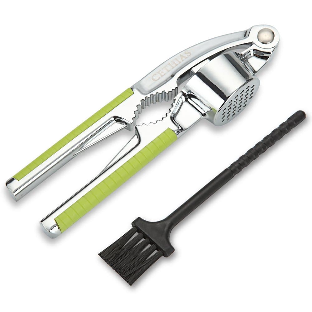 Garlic Press Nut Cracker with BONUS Cleaning Brush - Easy Cleaning - Mince and Crush Garlic and Ginger Easily (Green)