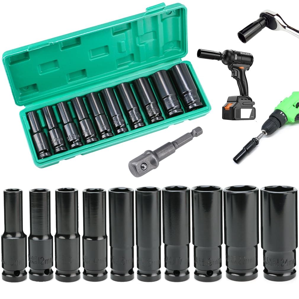 Deep Socket Set 1/2 inch 10 to 24mm, Extra Long Reach, 11 pcs Impact Driver Hex Bit Sockets, with 1/4 Hex Shank Adapter, Car Large Torque Wrench for Drill, Ratchet, Heavy Duty Spanner Tool