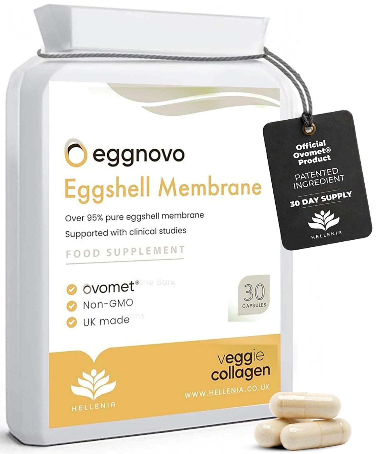 Eggshell Membrane Capsules Ovomet® - 300mg | 30 Vegetarian Capsules | Pure Eggshell Membrane with a High Degree of Purity - Joint Supplement | Sustainably Sourced - Made in The UK by Hellenia