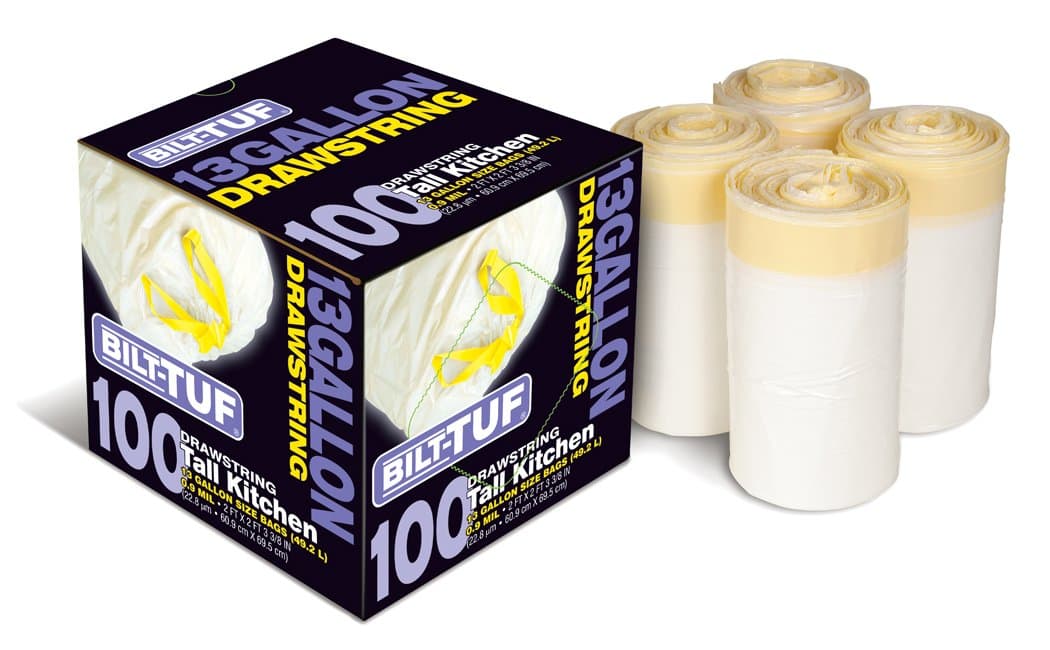 Trash Bags Tall Kitchen 13 Gallon Drawstring White 100 Count Garbage Bags - Bilt-Tuf