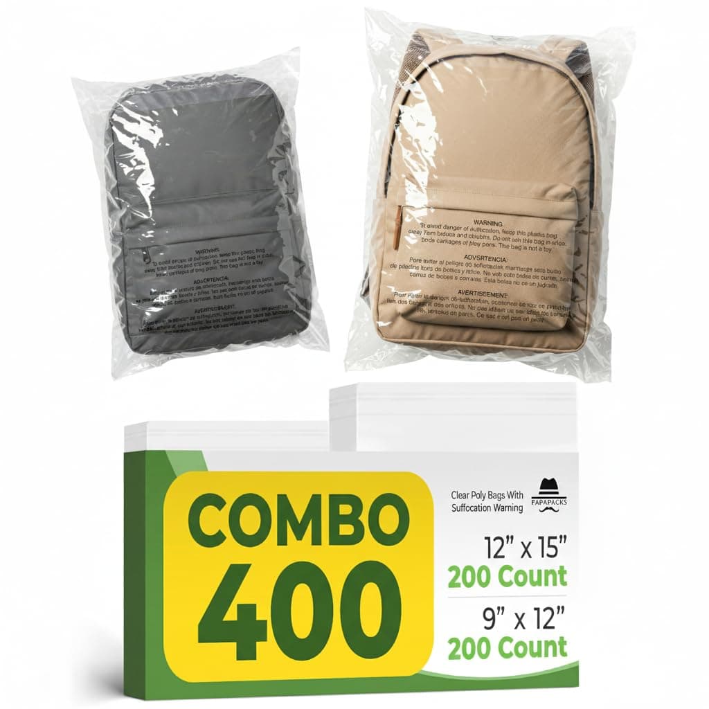 400 Count Combo Pack (9x12, 12x15) 200 Each - Clear Poly Bags with Suffocation Warning – Self-Seal Storage, Shipping, Industrial Packaging