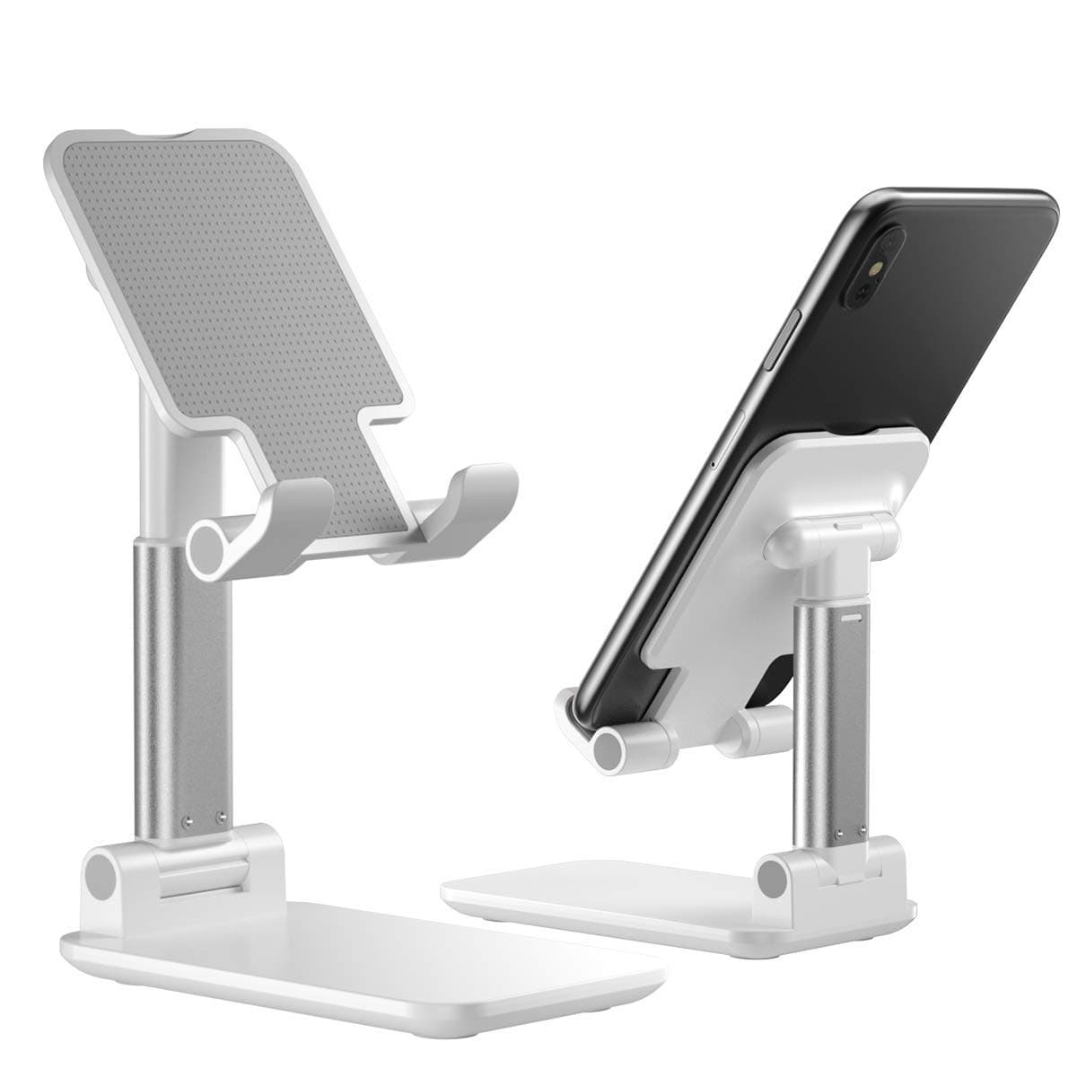 Cell Phone Stand, Foldable Portable Desktop Stand Adjustable Height and Angle Phone Holder for Desk Sturdy Aluminum Metal Stand Compatible with Smartphone/iPad/Kindle/Tablet (White)