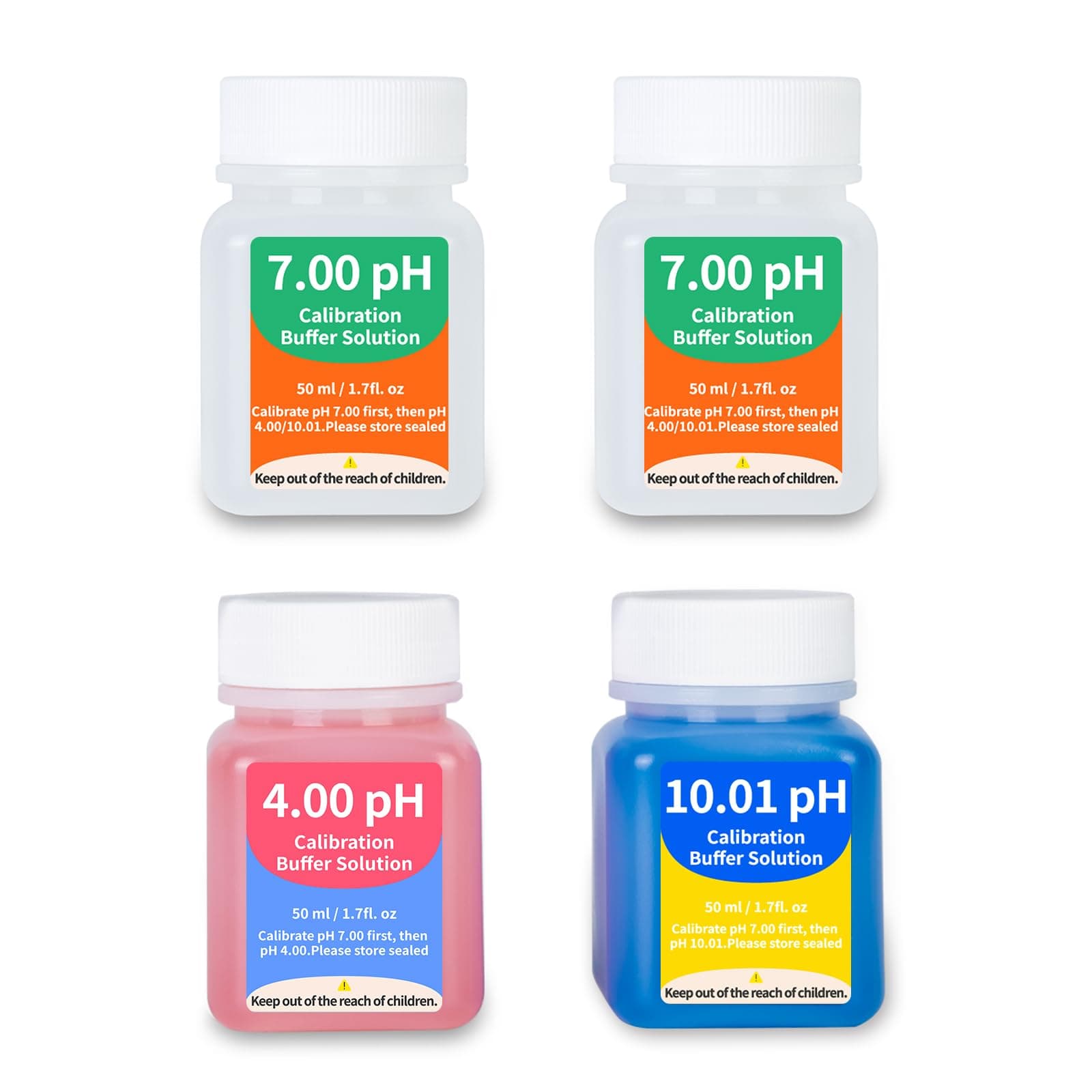 pH Calibration Solution Kit (7.00, 4.00, 10.01) for pH Meter, 50 mL Each, pH Calibration Buffer Solution for Easy Calibration, 4 Bottles pH Buffer Combo