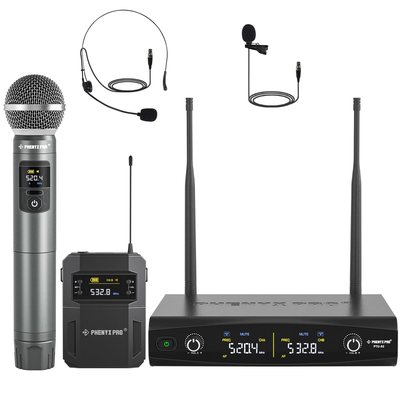 Phenyx Pro Wireless Microphone System,Metal Wireless Mic Set w/Handheld/Bodypack/Headset/Lapel Mics,2 x 30 UHF Frequencies, 200 ft Range, Cordless Mic for Singing, Karaoke, Church (PTU-52-1H1B)