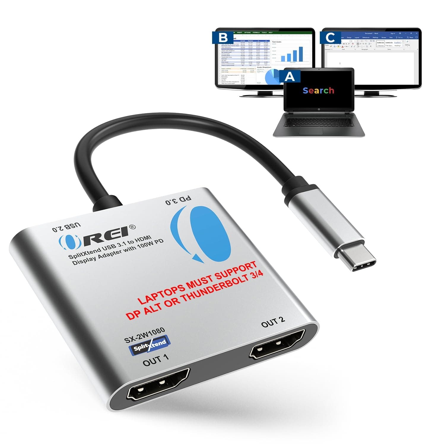 OREI SplitExtend HDMI Splitter Extended Display for Windows Only Dual Monitor - Multi-Monitor Display 3 Separate Screens - USB-C Adapter to HDMI 2.0, 4K@30Hz Outputs - 100W PD and USB 2.0 Input