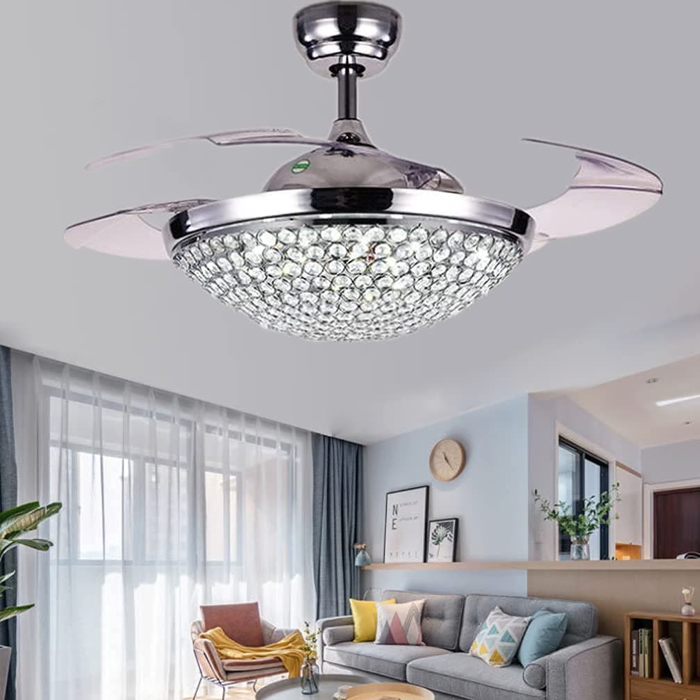 WHYIN 42" Modern Ceiling Fans Light with Remote 3 Speeds 3 Color Changing Lighting Fixtures,4 Retractable Blades LED Chandelier Fan with Crystal lampshades and Quiet Motor Included