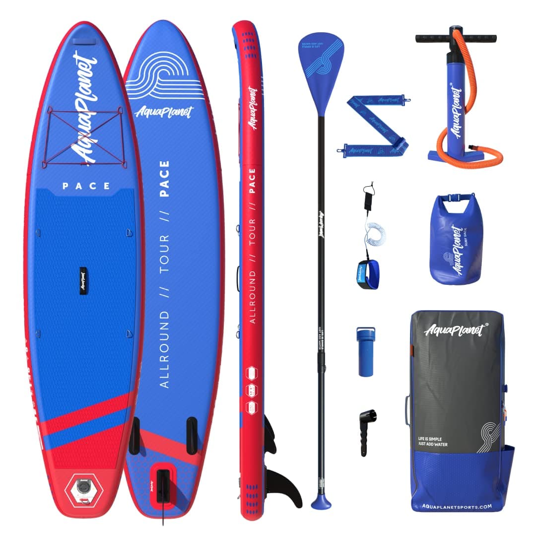 Inflatable Stand Up Paddle Board Kit - Pace, Red & Blue | 10.6 Foot | Ideal for SUP Beginners & Experts | Includes Fin, Paddle, Pump, Repair Kit, Backpack, Leash, Dry Bag, Carry Strap
