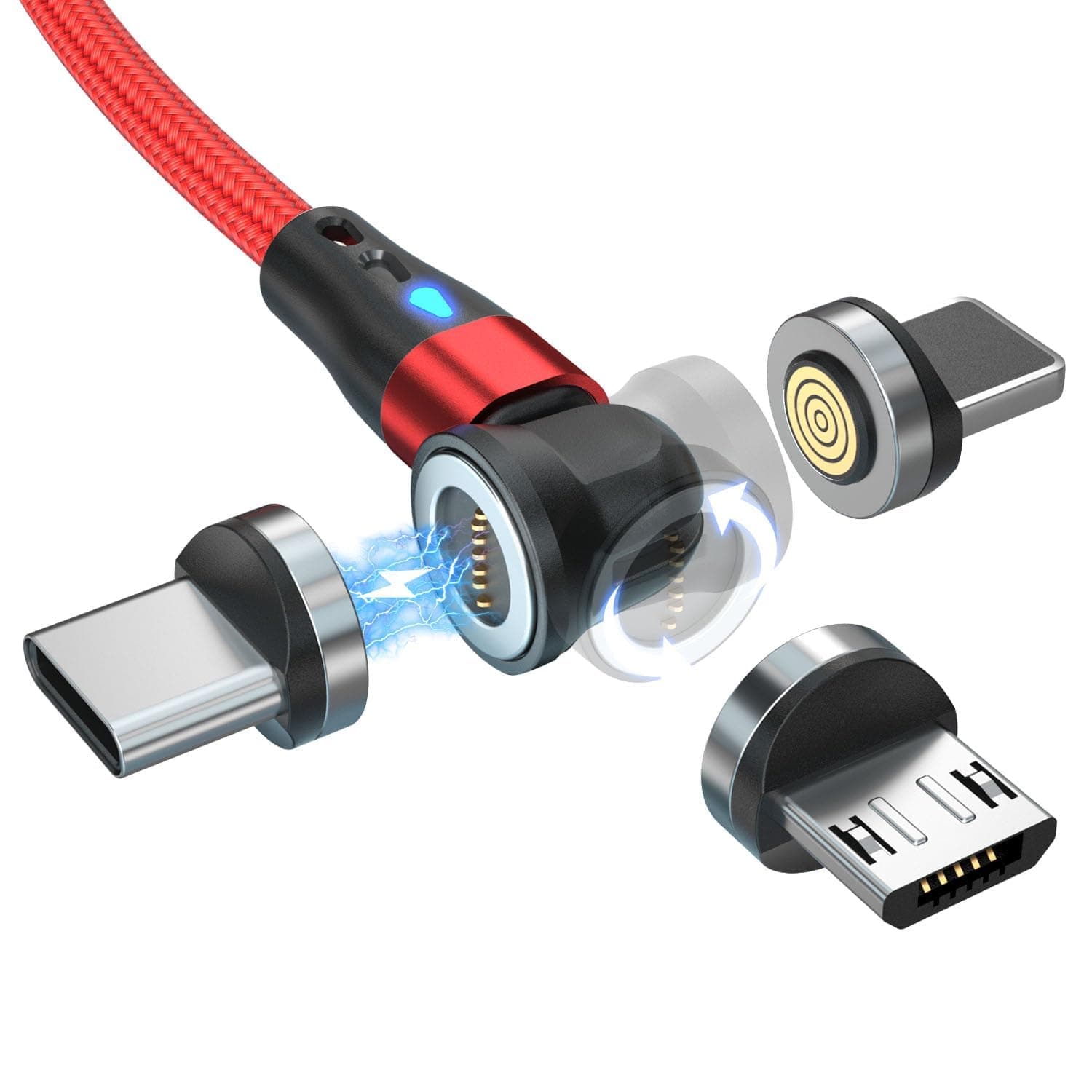 Magnetic USB Cable 3-in-1 3A Fast Charging Cable Data Transfer 540° Rotation Magnetic Charger Cord with LED Light Magnetic Type C Charging Cable for Micro USB, USB C, i-Product 3.3 FT Red