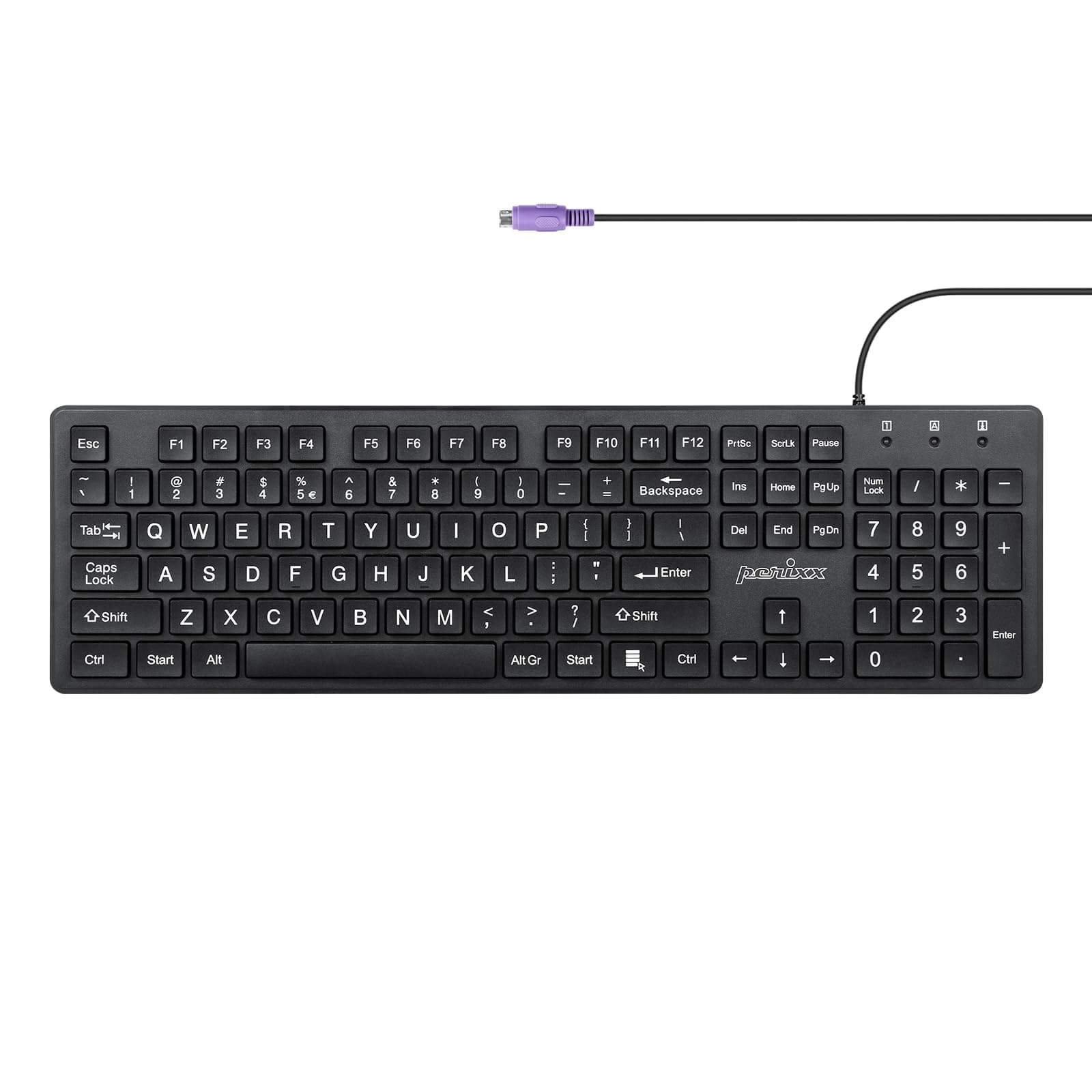 Perixx PERIBOARD-117P Wired PS2 Full Size Keyboard - Big Print Letters - Black - US English