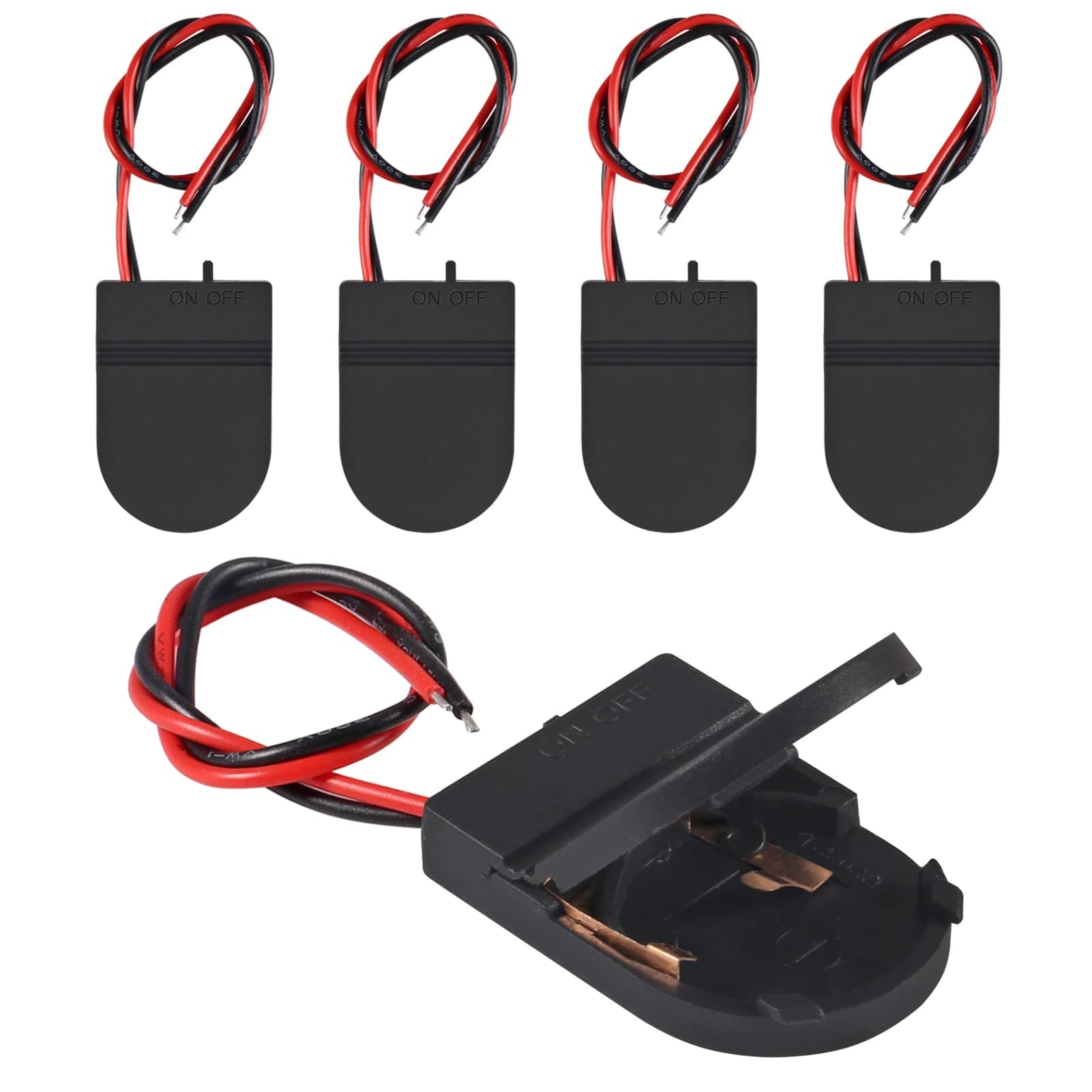 Alinan 5pcs Button Battery Holder Coin Cell Battery Holder with Switch CR2032 1 X 3V Battery Holder Battery Storage Boxes Cover with Wires On ON-Off Switch Socket Container (Black)