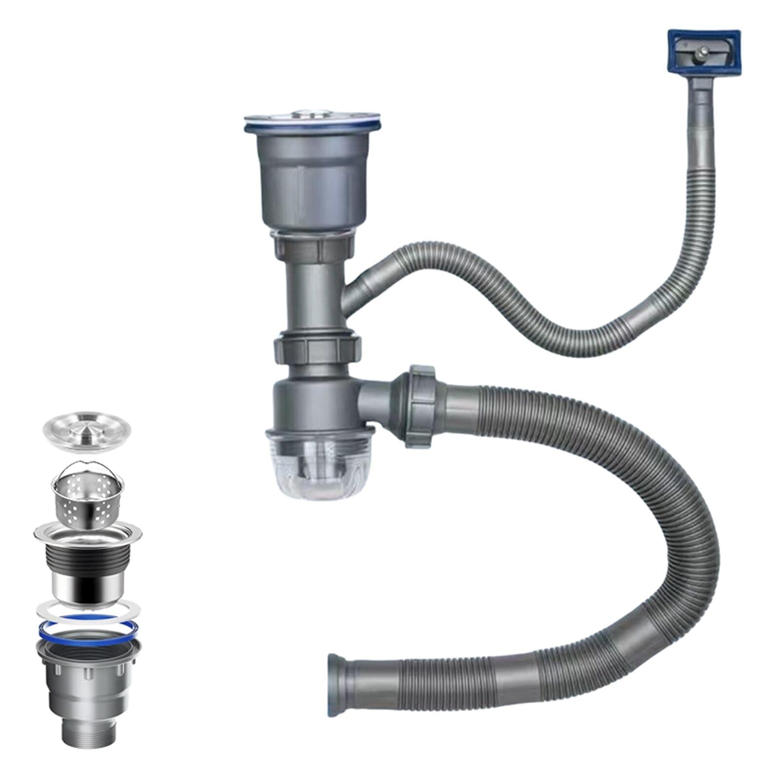 QruiLanTu One Sink Kitchen Drainage Kit Space Saving Flexible Drain Pipe Flexible P-Trap Drain Strainer with 3-1/2 Inch Kitchen Sink Drain Assembly kit，Suitable for Kitchen, Bathroom, RV