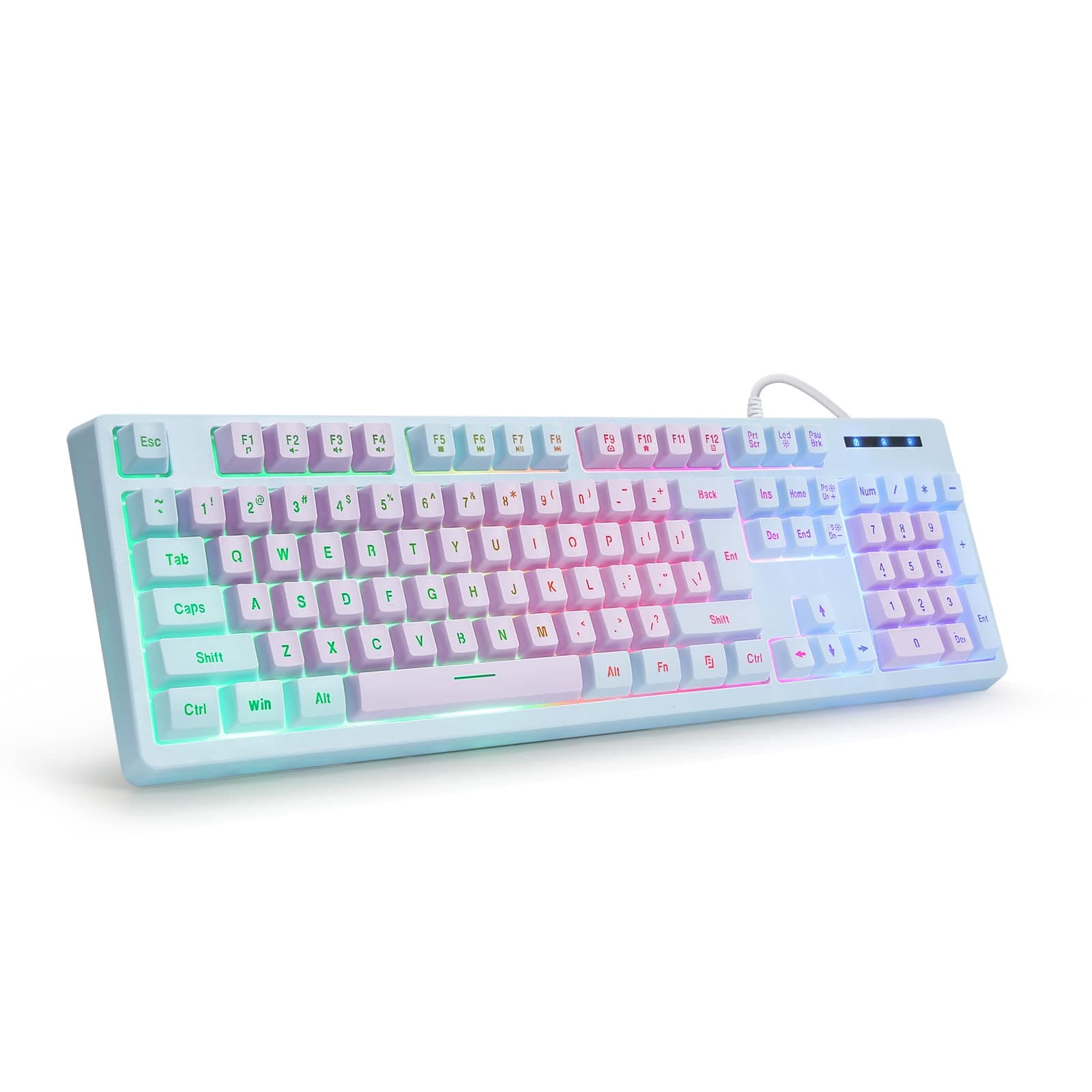 Gaming Keyboard USB Wired with Rainbow LED Backlit, Floating Keys, Mechanical Feeling, Spill Resistant, Ergonomic for Xbox, PS Series, Desktop, Computer, PC, Purple Blue