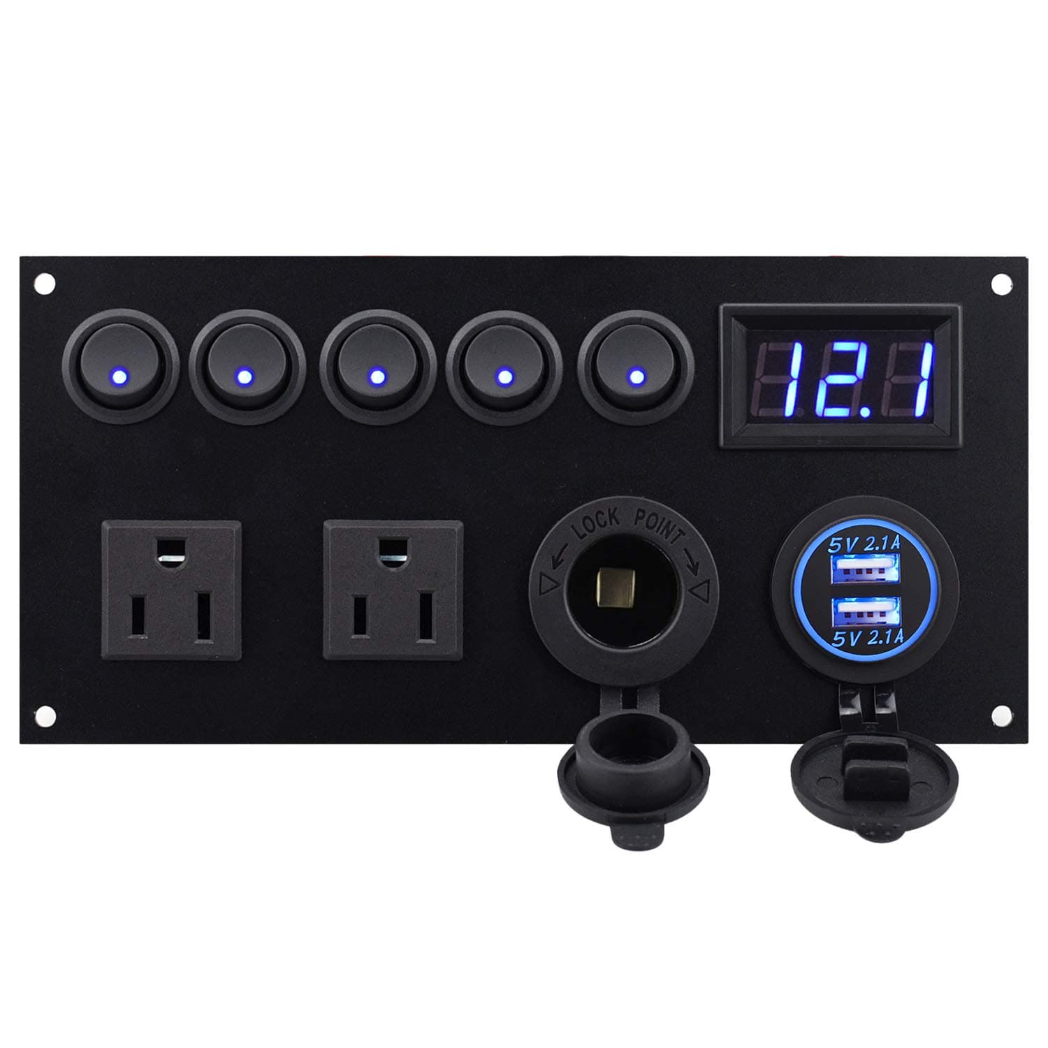 Cllena Dual USB Charger Socket 4.2A + 12V Power Outlet + LED Voltmeter + Dual 15A Outlets with 5 Gang Toggle Switch Multi-Functions Panel for Marine Boat Rv Camper Caravan Home Office Wall Plate etc.