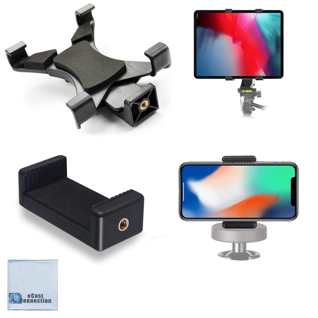 Universal Tablet Tripod Mount and Universal Smartphone Mount for All Smartphones and tablets with eCostconnection Microfiber Cloth