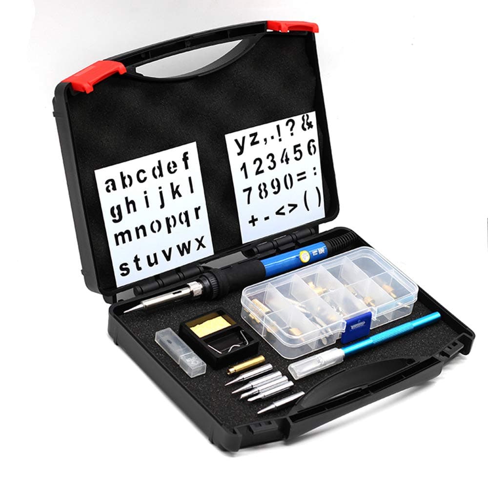 amiciTools Pyrography Kit, 2in1 Wood Burning/Soldering Iron Set With Adjustable Temperature, Chiseled Tips, Blades, Soldering Bits, Tool Bag (40Pcs)