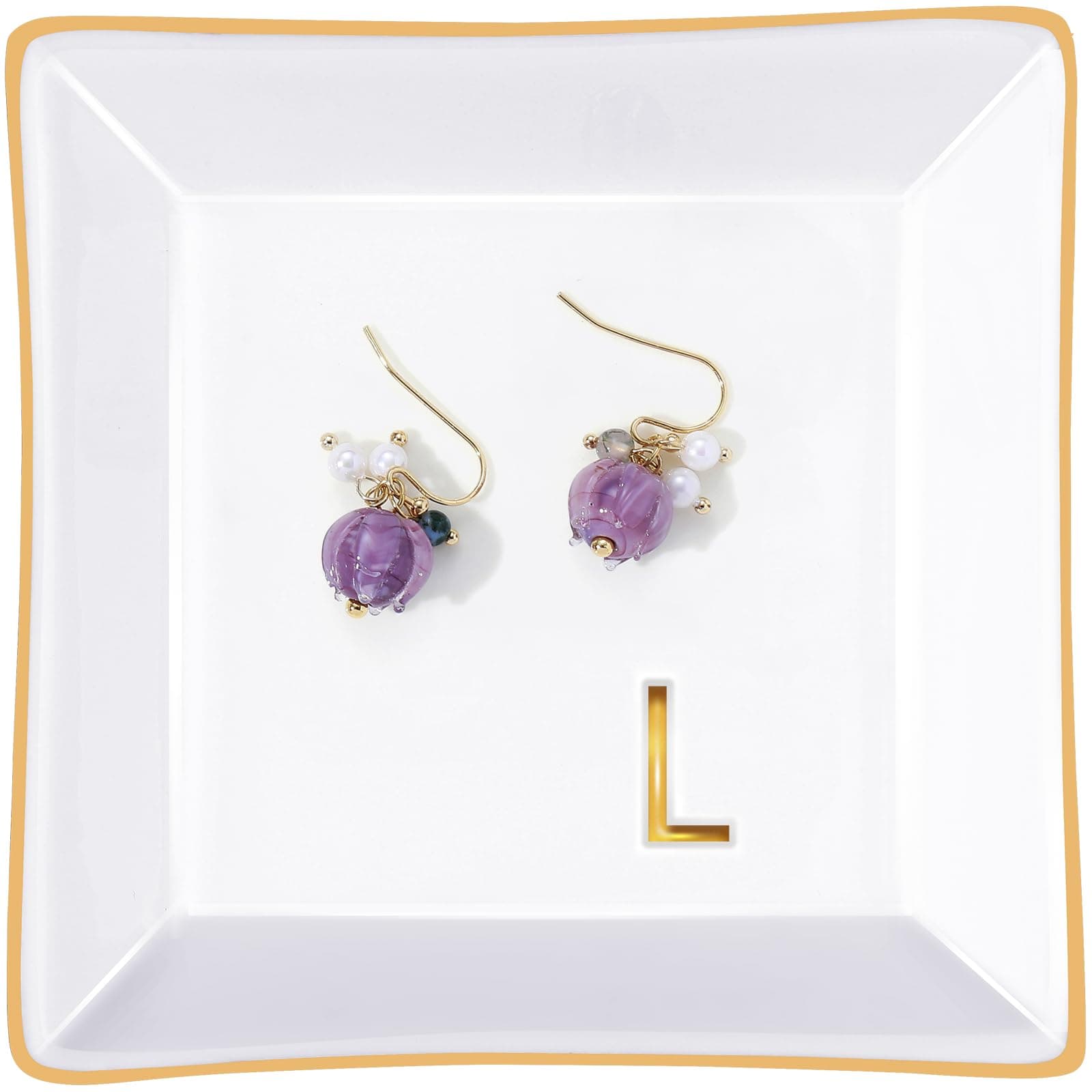 PUDDING CABIN Initial Ring Holder Jewelry Tray, Personalized L-Monogrammed Engagement Wedding Gifts for Bridesmaid, Bride, Birthday Christmas Gifts for Women, Mom, Friends, Sisters, Ceramic White