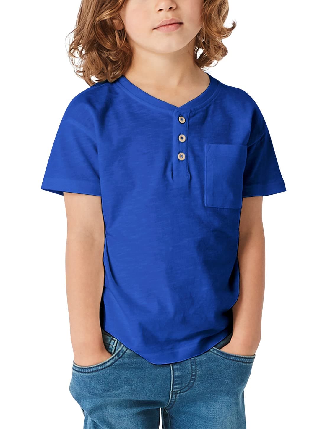 Kids Boys Henley Shirts Solid Button Down Short Sleeve Pocket Casual Tops Tees