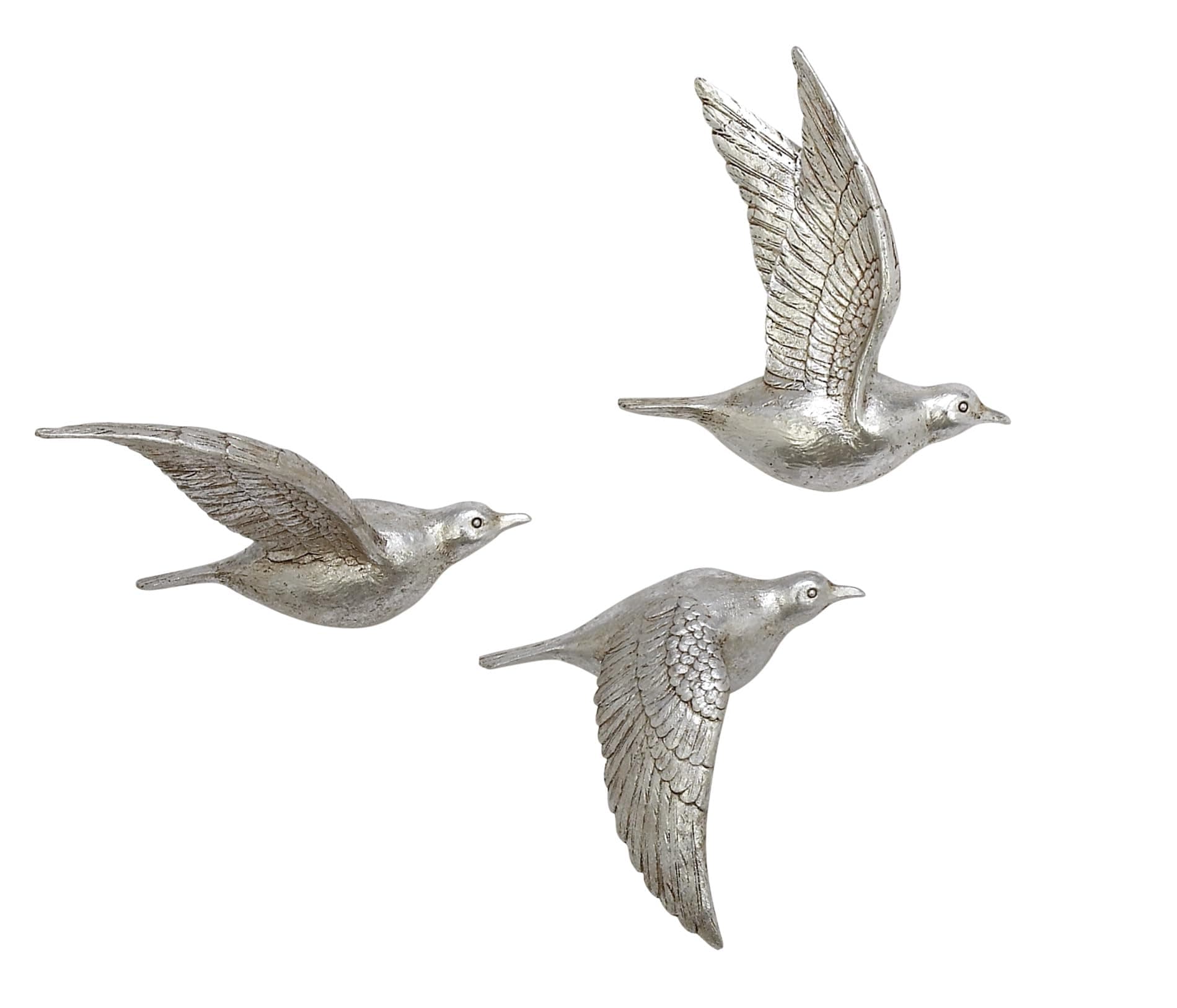 Deco 79 Polystone Bird Home Wall Decor Metallic 3D Sculpted Wall Sculpture, Set of 3 Wall Art 10", 9", 9"H, Silver