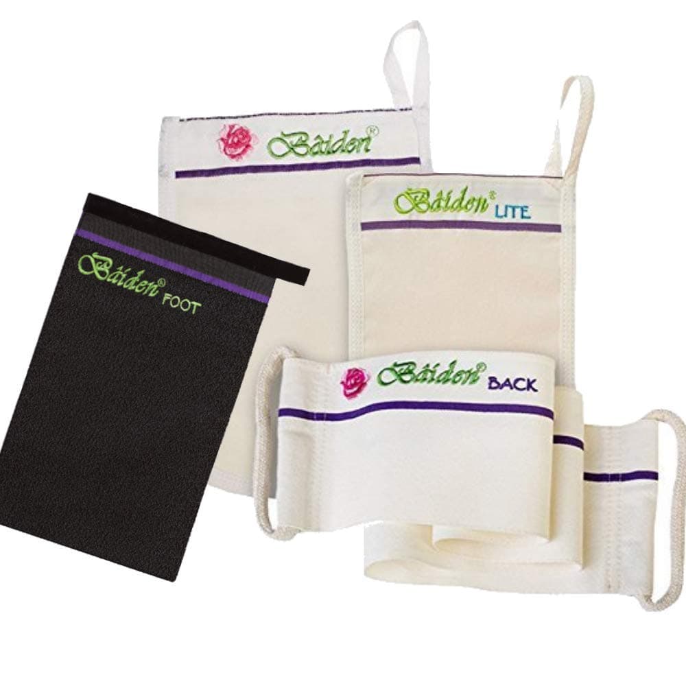 Turkish Hammam Set: Baiden System (Face, Body, Back) + Feet Mitten. 3 Peeling Mitts & Back Scrubber. Kessa Exfoliating Glove Dead Skin Remover, Bath or Shower for Smooth Glowing Bright Complexion