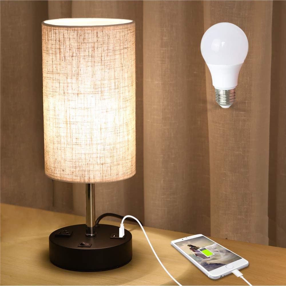 lifeholder USB Lamp, Table Lamp with Warm White LED Bulb, Bedside Nightstand Lamp Built in Dual USB Port & A Power Outlet, Desk Lamp Perfect for Bedroom, Living Room or Office (Round)