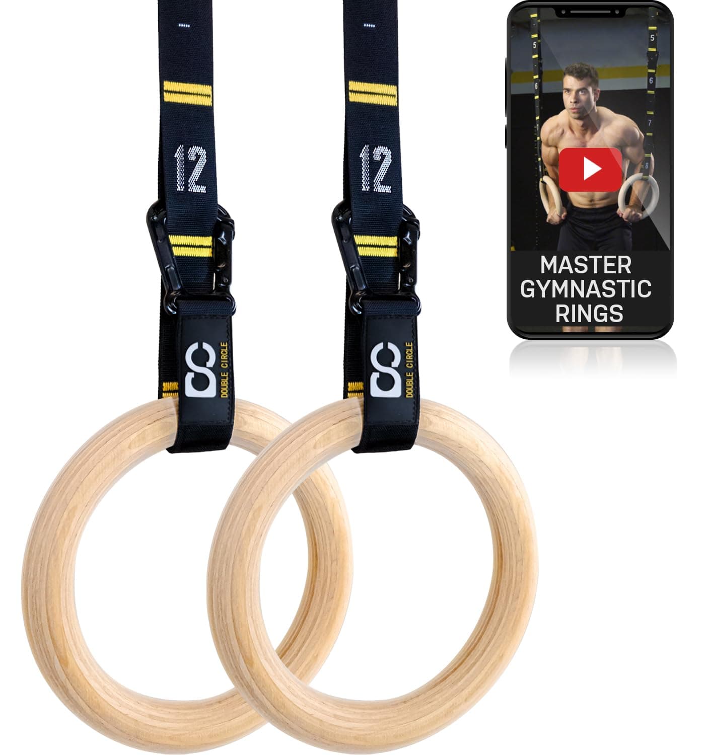 Wood Gymnastics Rings with Quick Adjust Numbered Straps and Exercise Videos Guide - Full Body Workout Rings, Calisthenics, Home Gym (Multi-Size)