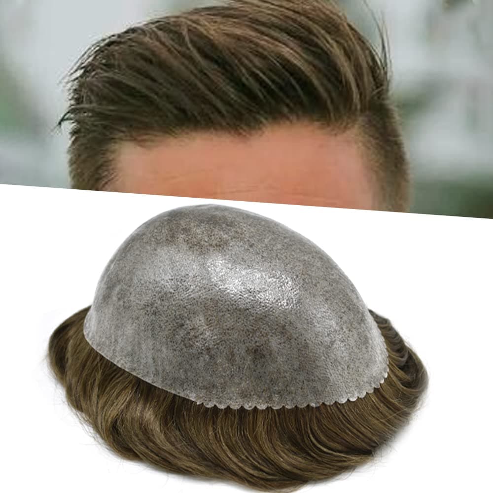 Toupee for Men's Hair Replacement System - Full Injected PU Durable Skin Wig - Soft Human Hair Piece - Grey 6x8" #5 Med-light Brown-120% Medium Light to Medium Density