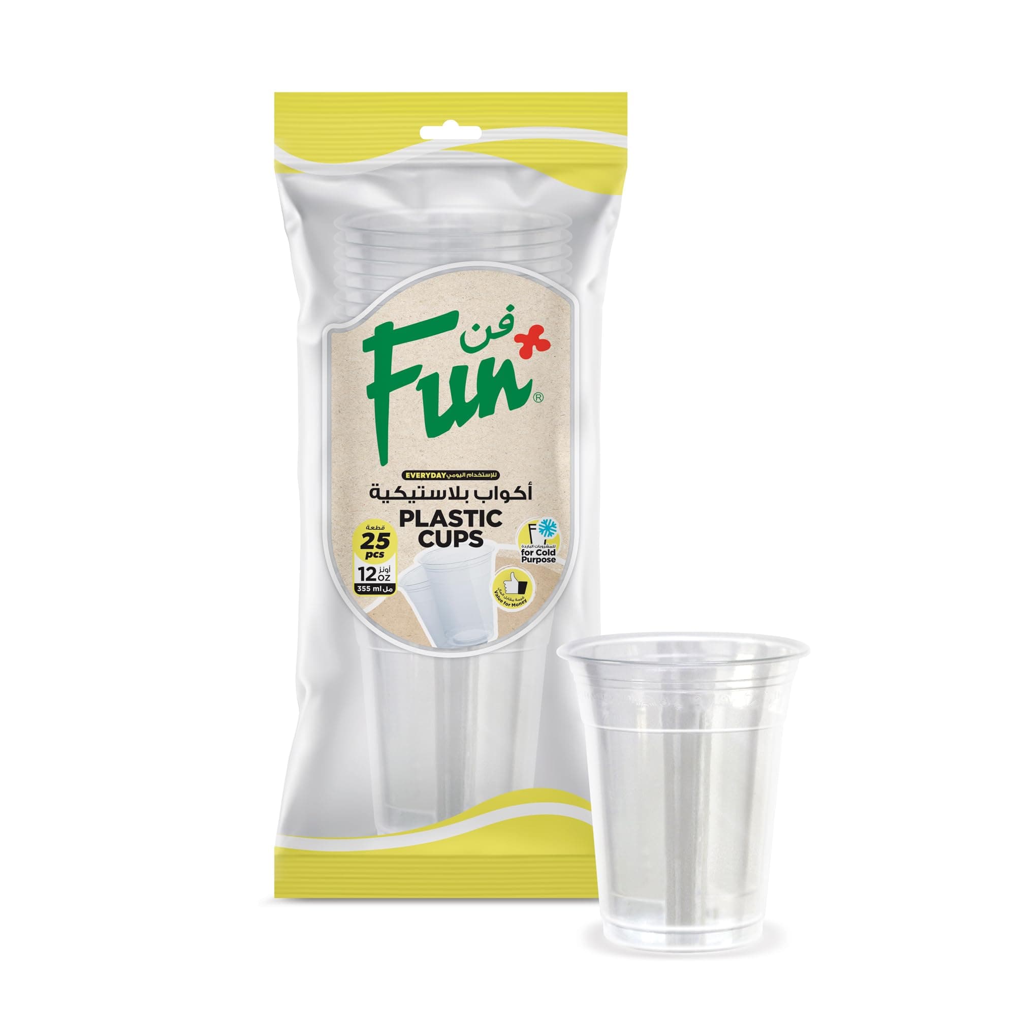 FUN BY AL BAYADER فن Everyday Disposable Clear Plastic Cup 12Oz, Pack Of 25