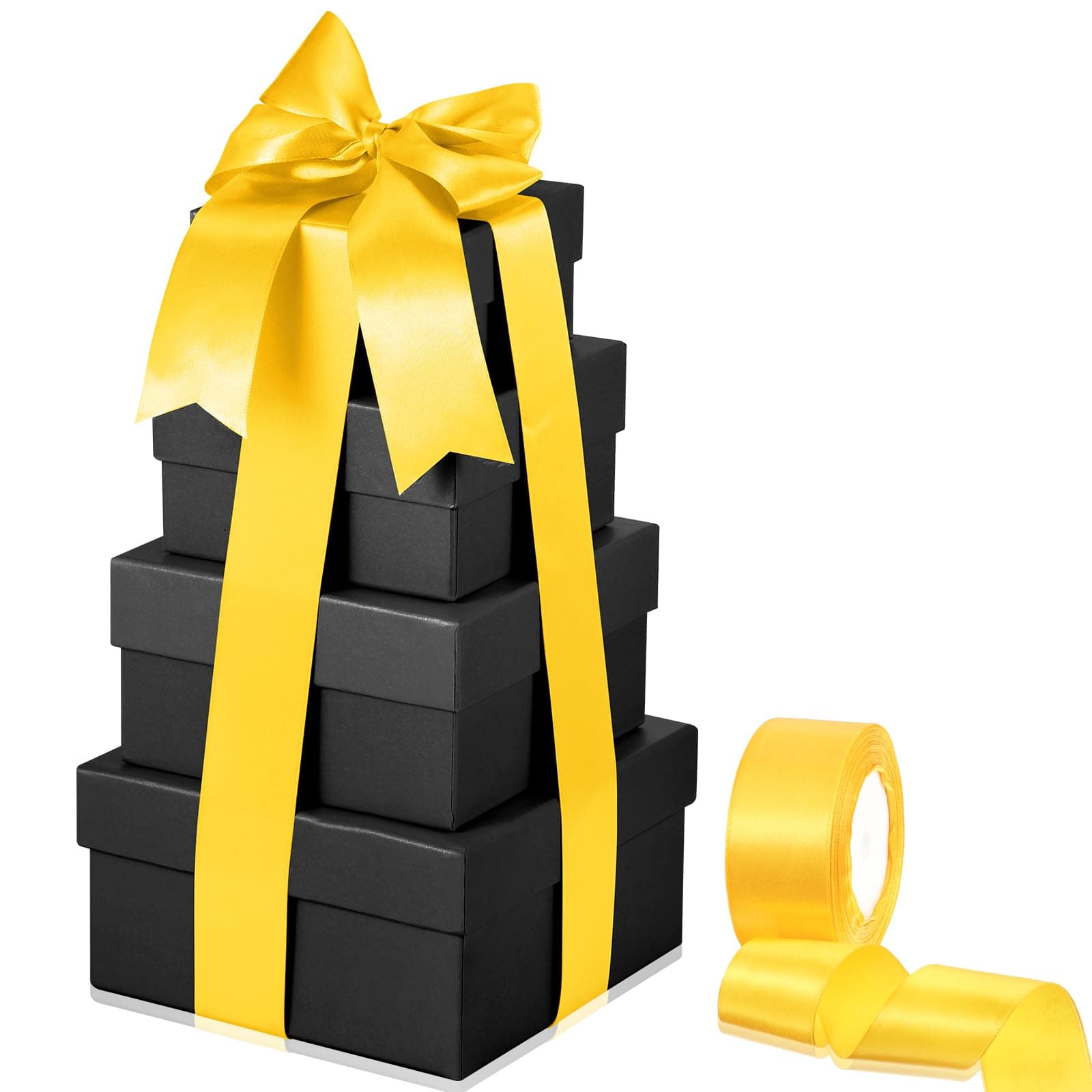 ギフトボックス ふた付き 入れ子型 ギフトボックス 正方形 硬質ギフトボックス 入れ子型 4個セット 4 x 4 x 2.2 から 6.3 x 6.3 x 3.3インチ 1ロールリボン付き ブライダル ブライズメイド 結婚 記念日 クラフト用 (ブラック)