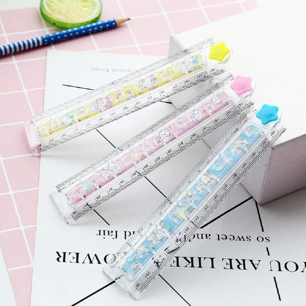 30cm Ruler, Folding Shatterproof Multifunctional Plastic Ruler Pack of 3 for Kids Girls Boys Fold Size 15cm with Maze Puzzle Game Shape Template Drawing Measuring | School Office Supplies