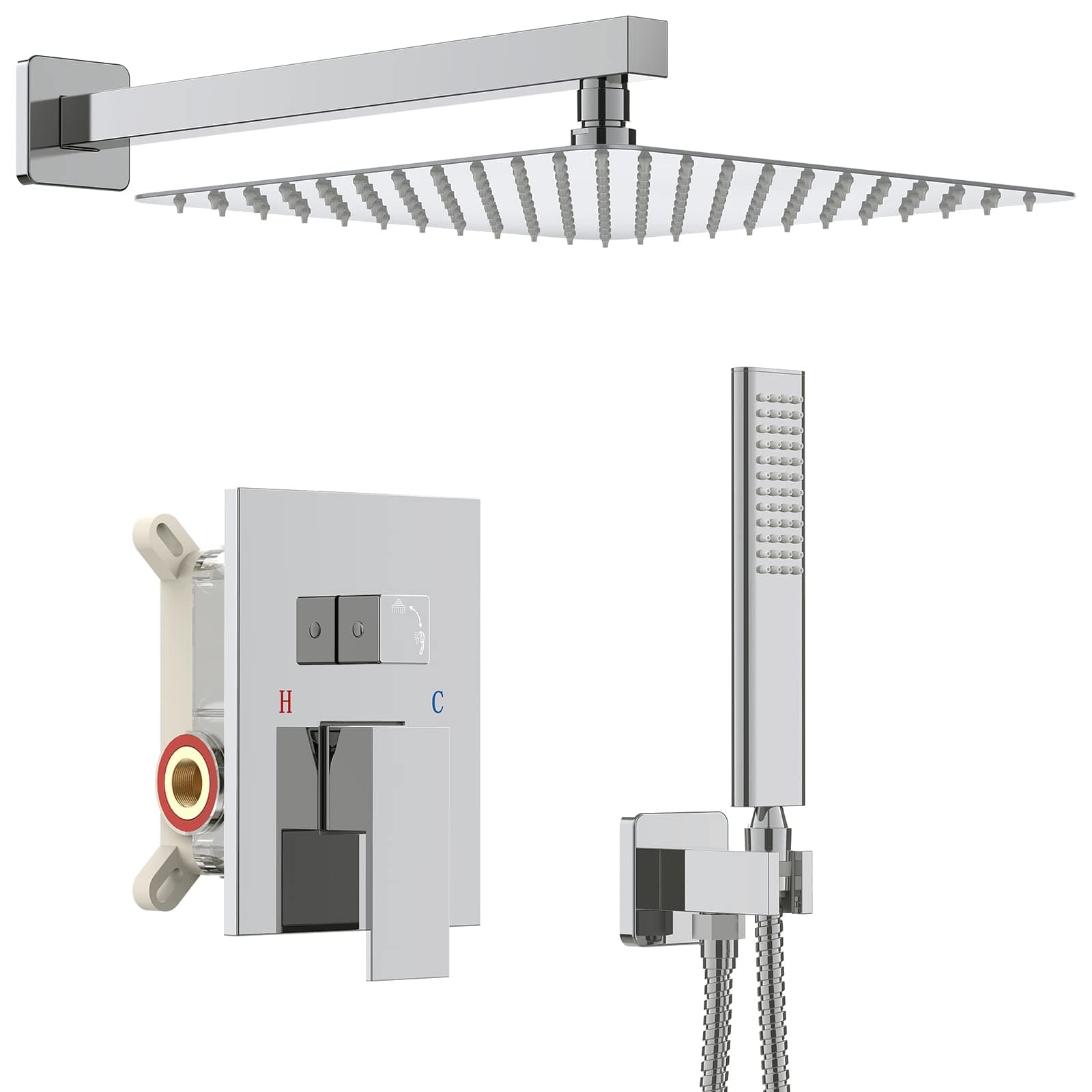Iriber Chrome Shower System 10 Inch High Pressure Rainfall Shower Head and Shower Faucet Combo Set