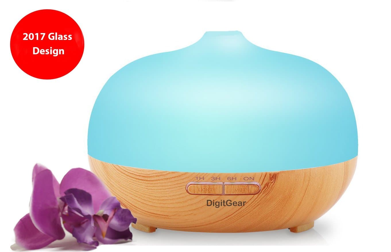 Essential Oil Diffuser 300ml - Wood Grain Frosted Glass Aroma Diffuser Ultrasonic Whisper Quiet Cool Mist - Aromatherapy Humidifier with 7 Color Changing LED Lights - Auto Shut Off for Home and Office