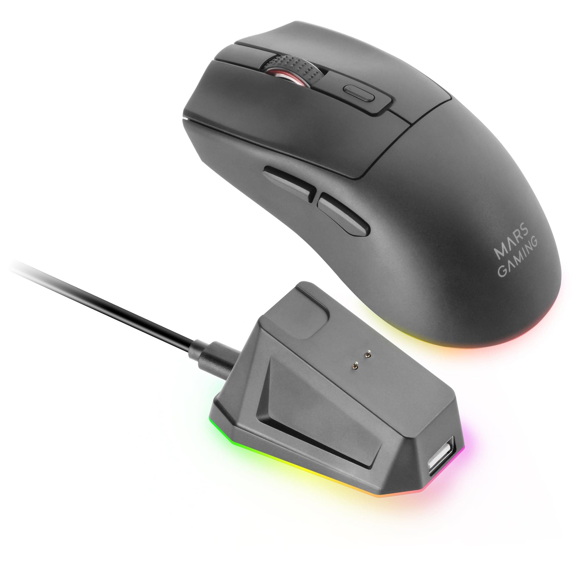 Mars Gaming MM‑T3 Ultralight Wireless Mouse, Bluetooth 5.0 + 2.4 GHz + Cable, Optical Sensor PIXART PAW3104PRO 14400 DPI Magnetic RGB Charging Station, Huano Switches, Control Software, Black