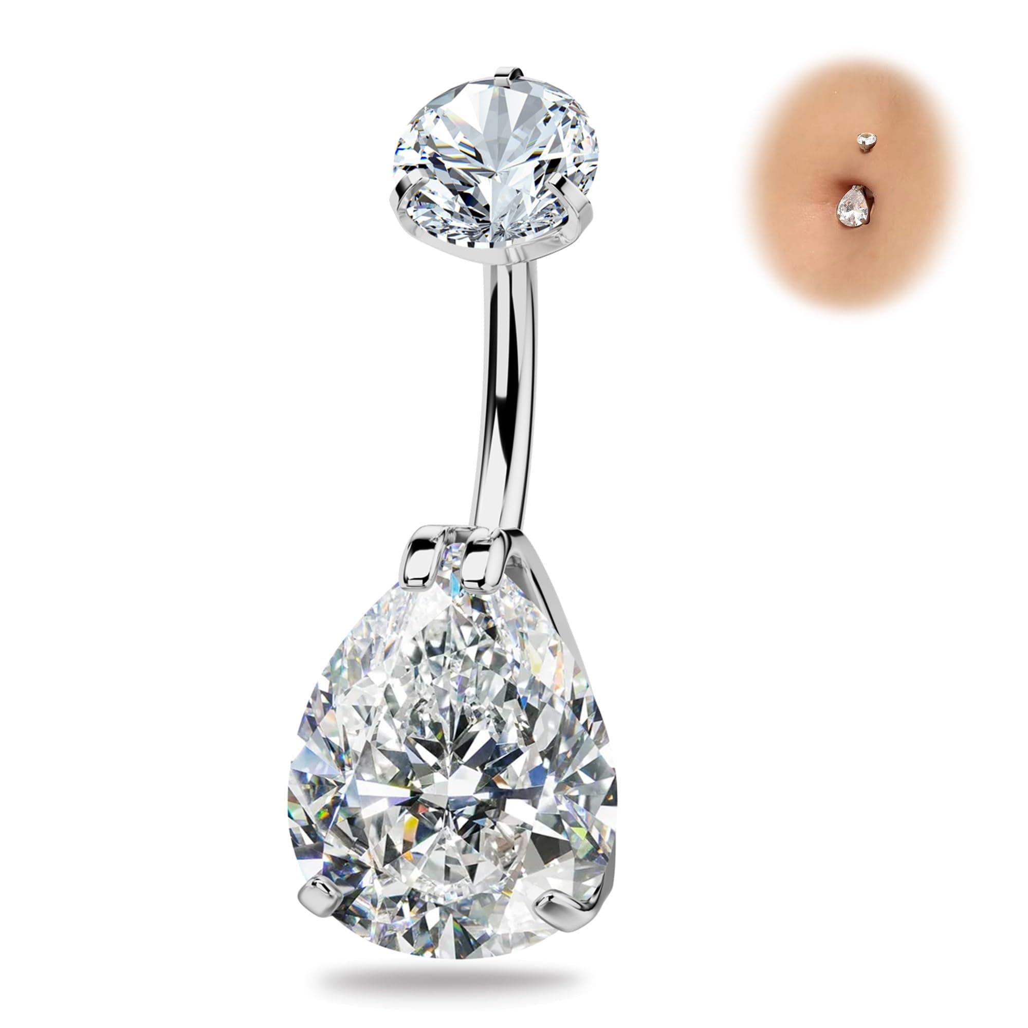 BodyBonita G23 Titanium Belly Button Rings - Internally Threaded 14mm Long Belly Ring Round Square Star Teardrop CZ Navel Rings for Women