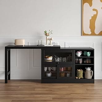 homary 47" Large Buffet Sideboard Cabinet Extendable Wood Kitchen Storage Cabinet with 3 Doors, Foldable Dining Table with Extension Leaves, Black