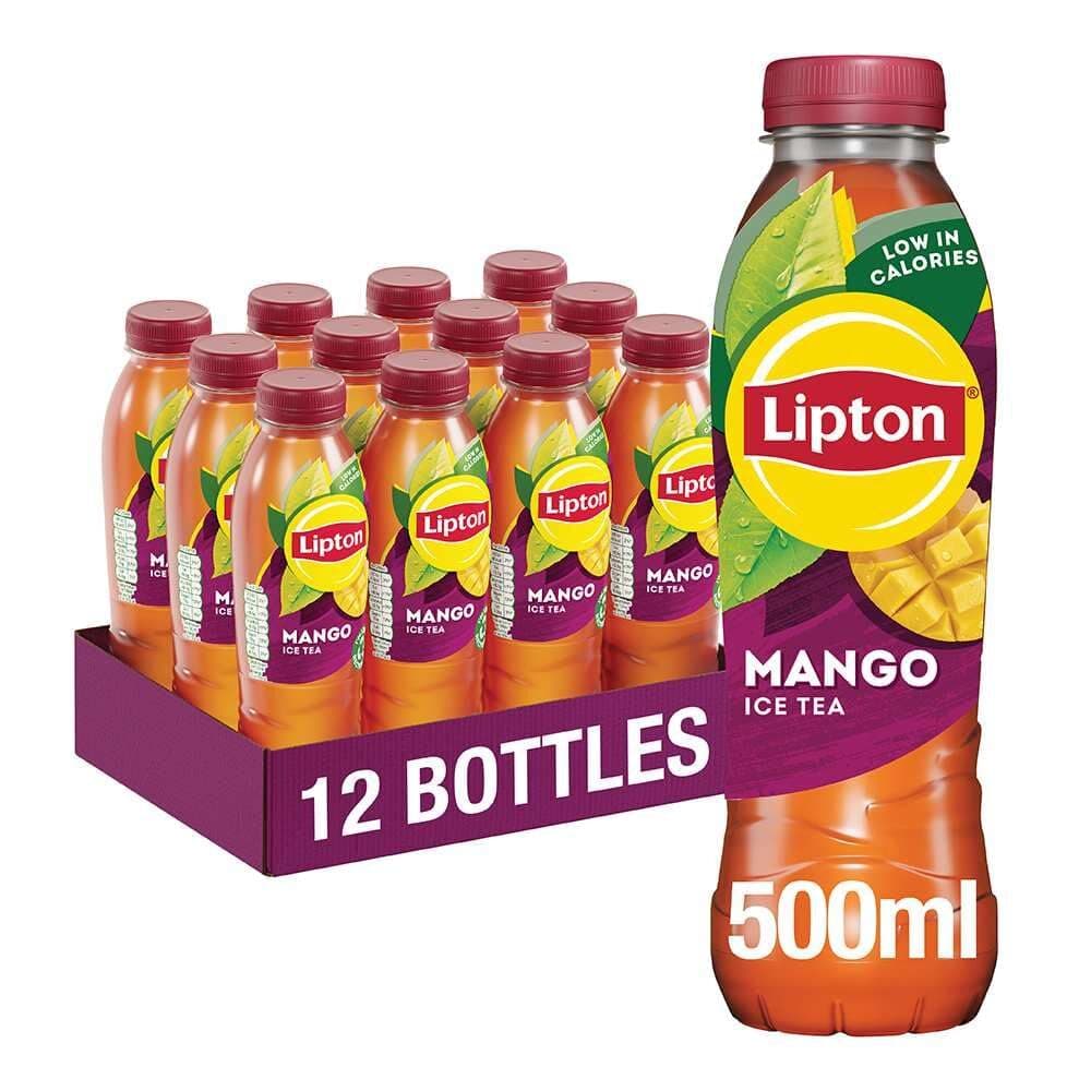Lipton​ Mango​ Bottled Ice Tea​ 500ml (Pack of 12), low calorie​ soft drink​, 100% black tea extract