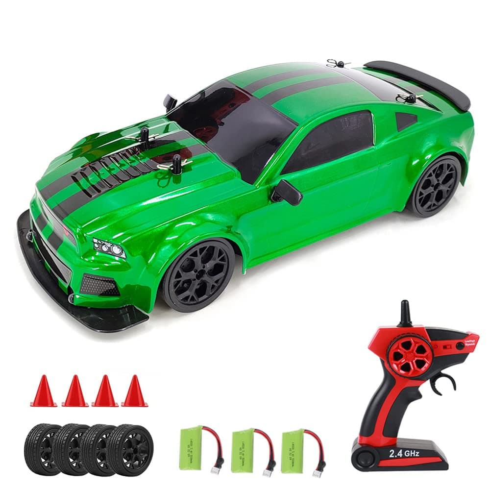 GoolRC RC Drift Car, 1:14 Scale Remote Control Car, 4WD 20KM/H High Speed RC Sport Racing Car, 2.4GHz RC Drifting Car for Adults with Cool Lights, 3 Batteries and Drift Tires + Racing Tires
