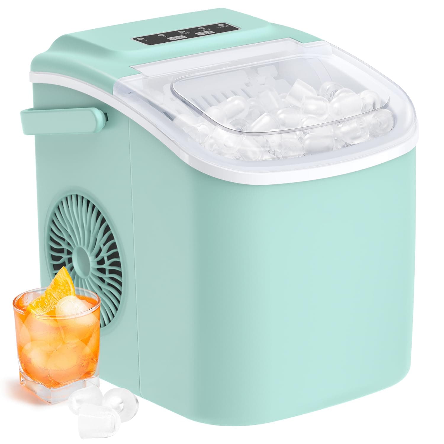 Countertop Ice Maker, 9 Cubes Ready in 6 Mins, 26lbs in 24Hrs, Self-Cleaning Ice Machine with Ice Scoop and Basket, 2 Sizes of Bullet Ice for Home Kitchen Office Bar Party, Green